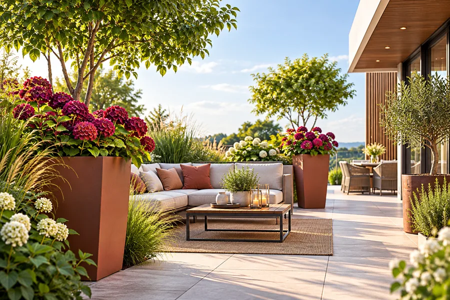 Moderne Terrasse mit hochwertiger Begrünung und Aufenthaltsqualität