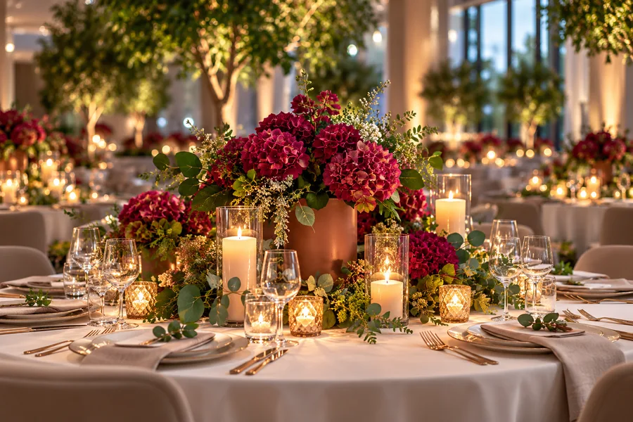 Eleganter Gala-Empfang mit floraler Tisch- und Raumdekoration